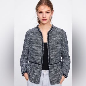 Zara Tweed Blazer, Buttonless, Black Piping, Small
